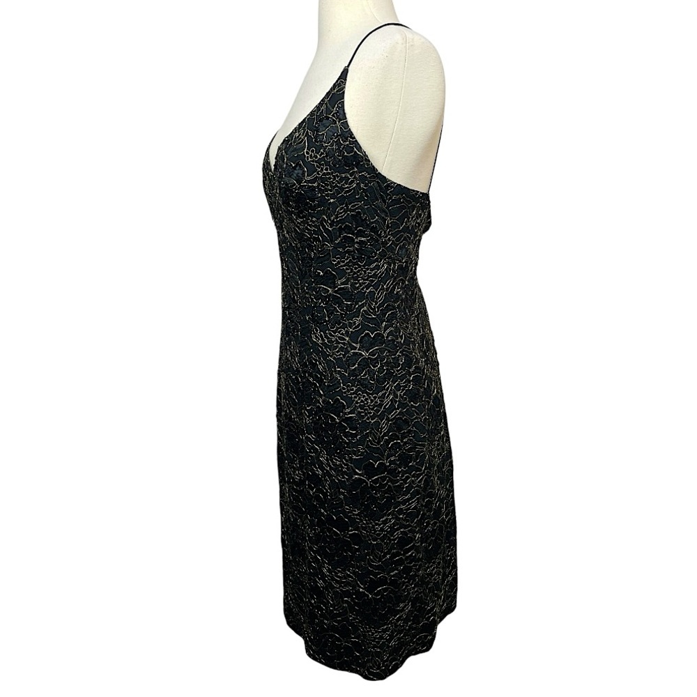 Carmen Marc Valvo Vintage 90s Black Gold Lace Beaded Mini Dress Sheath 10 Med - Picture 8 of 16